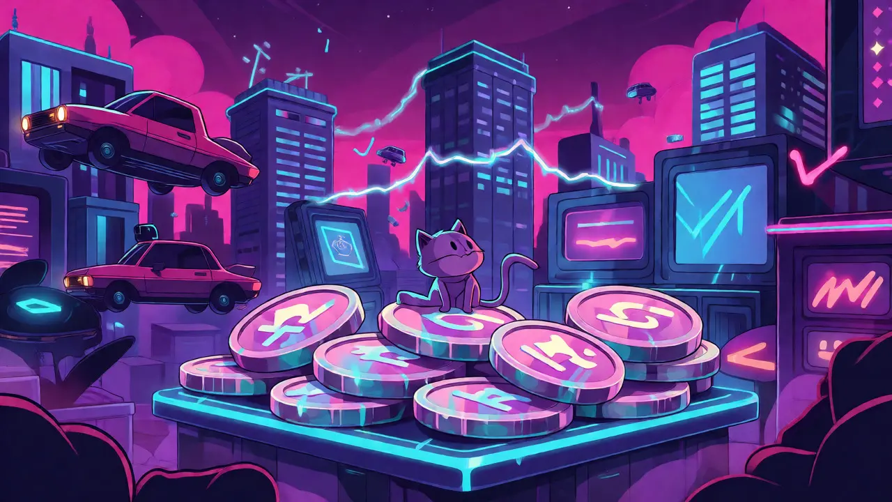 Cyberpunk marketplace with cat on coins and fragile light bridges