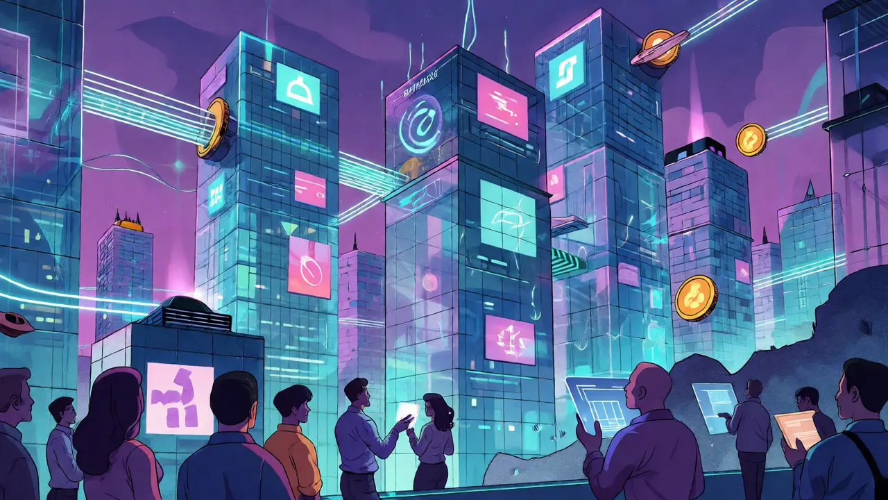 Futuristic cityscape with block-shaped buildings and digital bridges representing Web3.