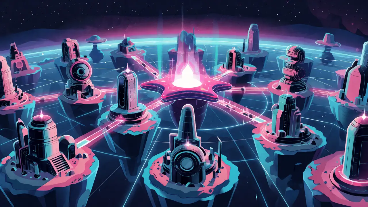 Futuristic network map showing Celestia connecting various independent rollup chains via light bridges.
