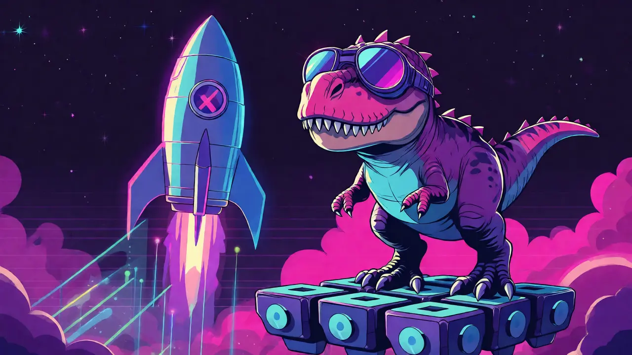 Futuristic T-Rex launching a rocket into a synthwave starry sky.
