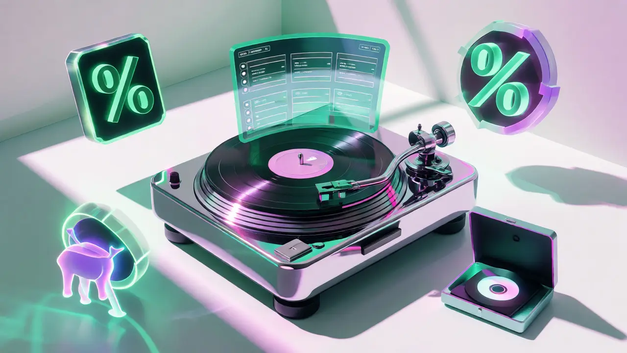 Futuristic turntable merging vinyl music with blockchain and staking icons.
