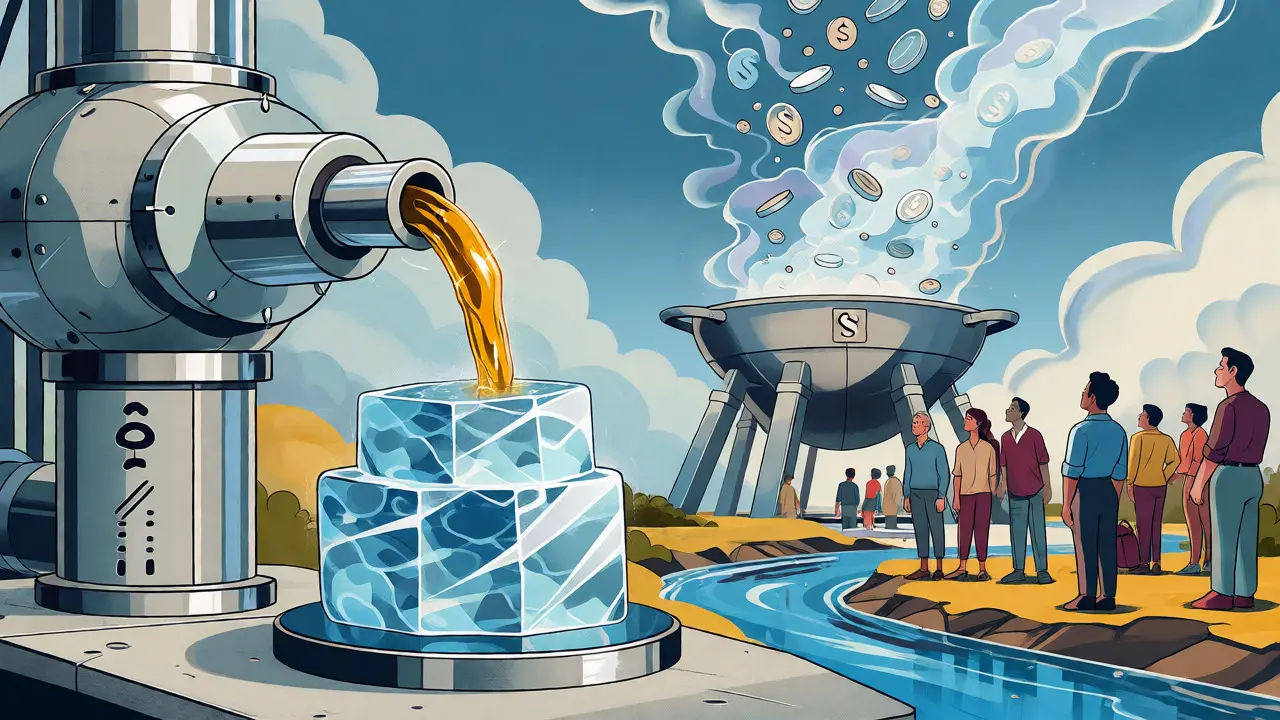 Illustration of ice and vapor mechanics transforming coins near a river