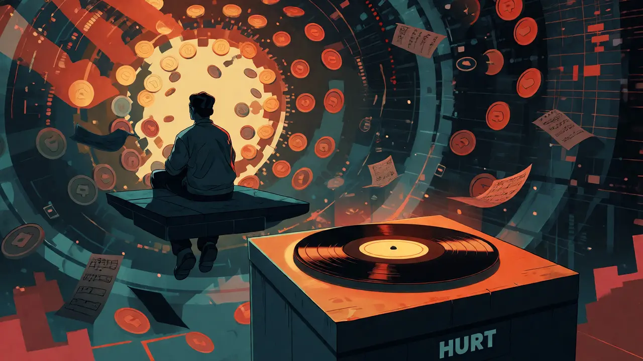 Lone figure contemplating a glowing vinyl record amid fading crypto data.
