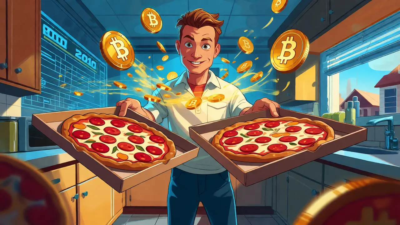 Man holding pizzas surrounded by floating Bitcoin symbols in a retro-future style.