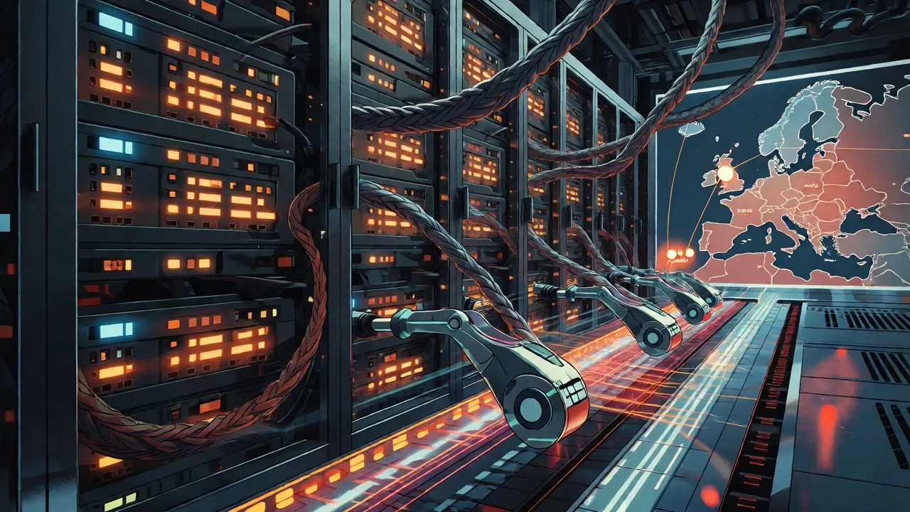 Retro-futuristic data center with glowing servers and fast-moving algorithmic trading bots.
