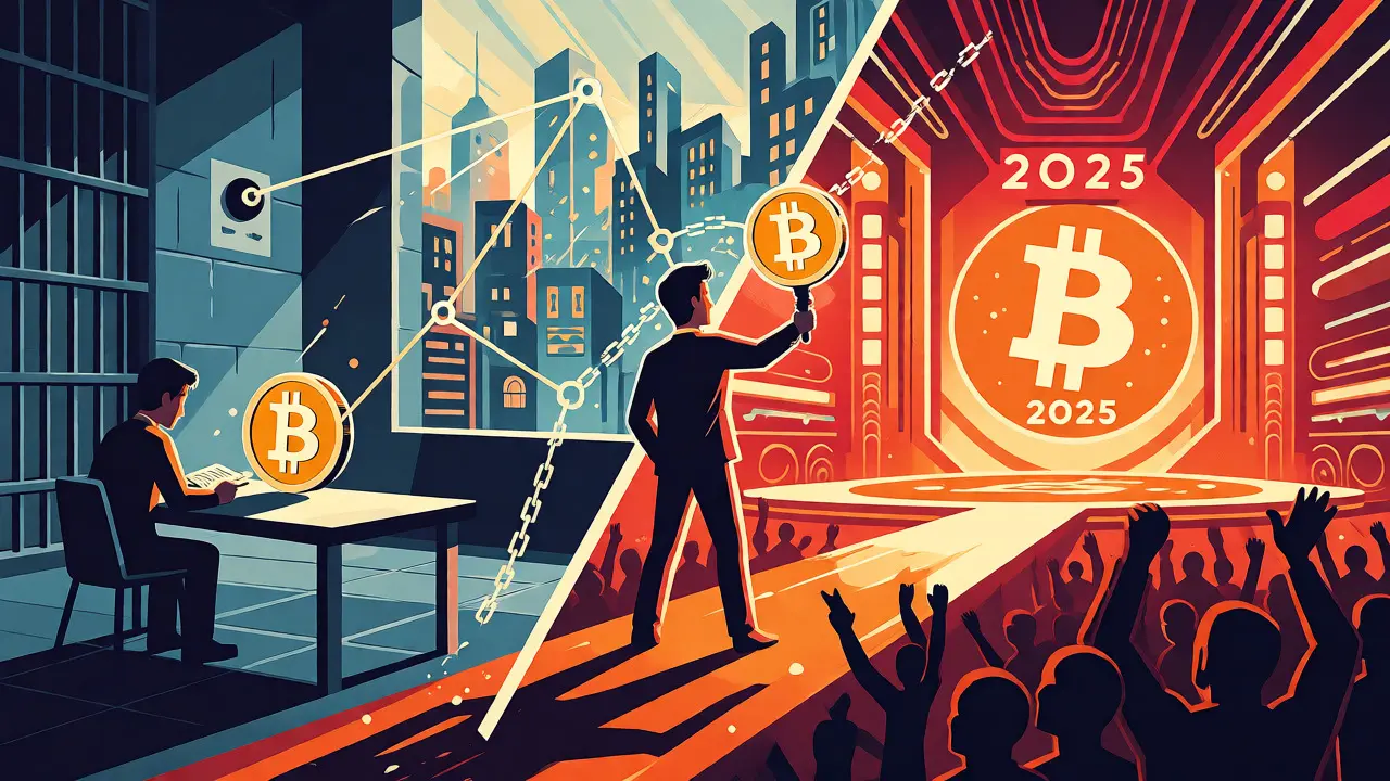 Ross Ulbricht holding a Bitcoin coin as a torch, bridging his prison past with his return to the public crypto scene.