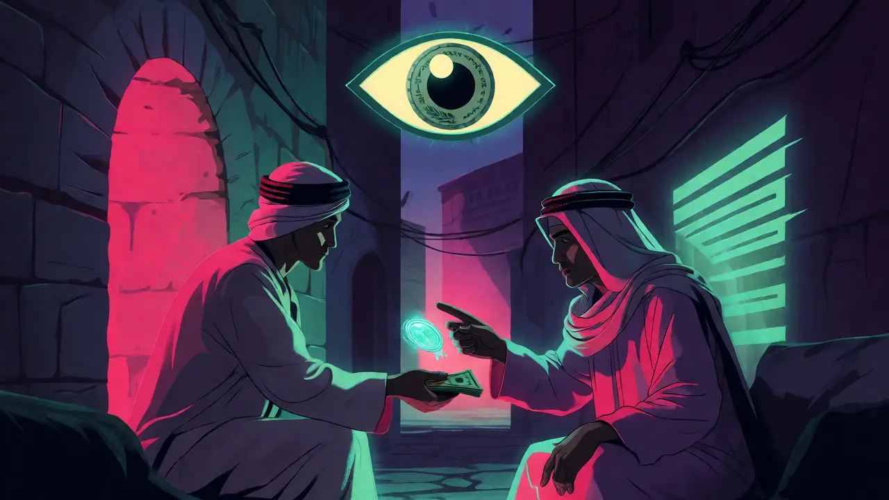 Secret nighttime crypto exchange in Tunisian alley with neon glow