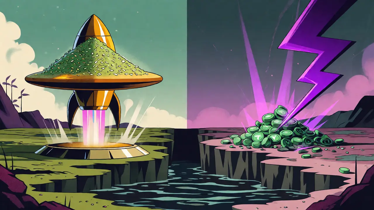 Split view of a golden pancake rocket and purple lightning strike representing separate crypto chains.