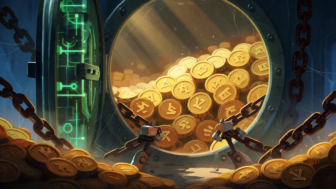 Stagnant gold vault with chains representing low token circulation