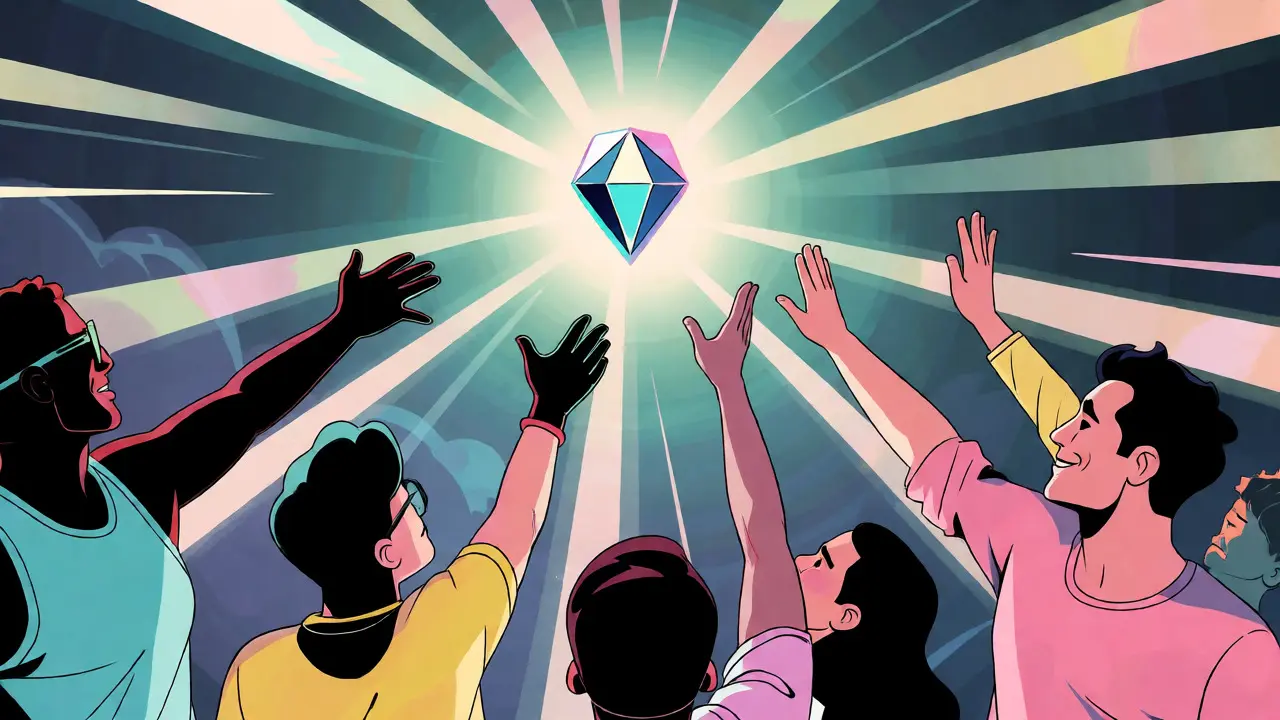 Stylized characters reaching for a glowing NFT prize in space