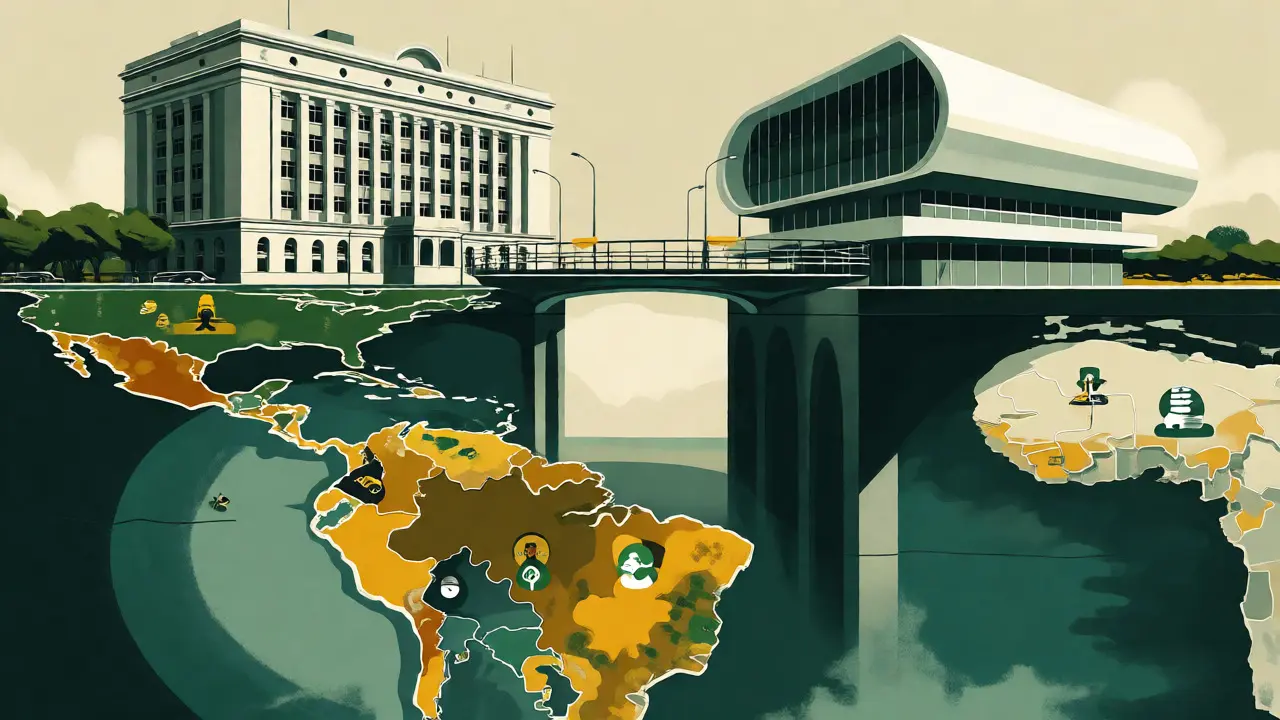 Stylized map showing Colombia's unique crypto regulatory separation