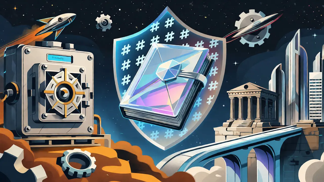Three quantum-safe blockchain projects depicted as retro-futuristic structures
