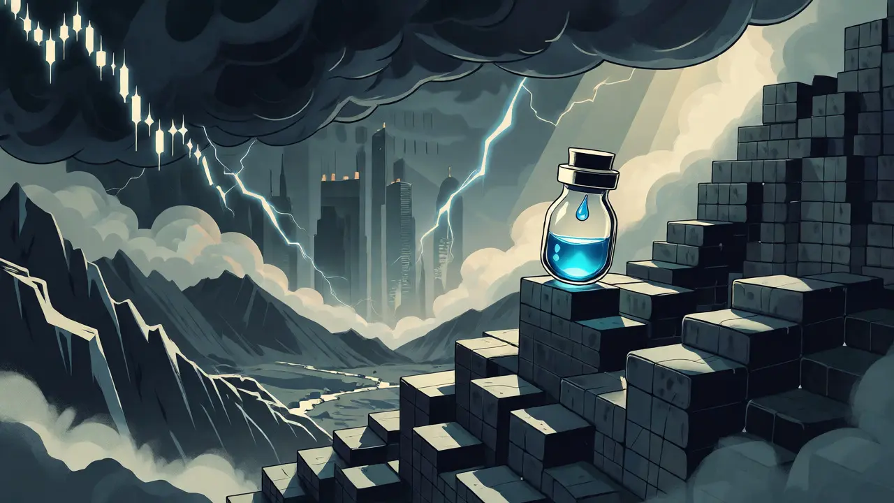 Tiny water vial on a blockchain mountain under a stormy chart sky